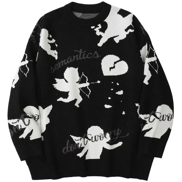 

men's sweaters harajuku cupid angel print knitted men loose jumpers fashion autumn sweater pullover casual knitwear streetwear, White;black