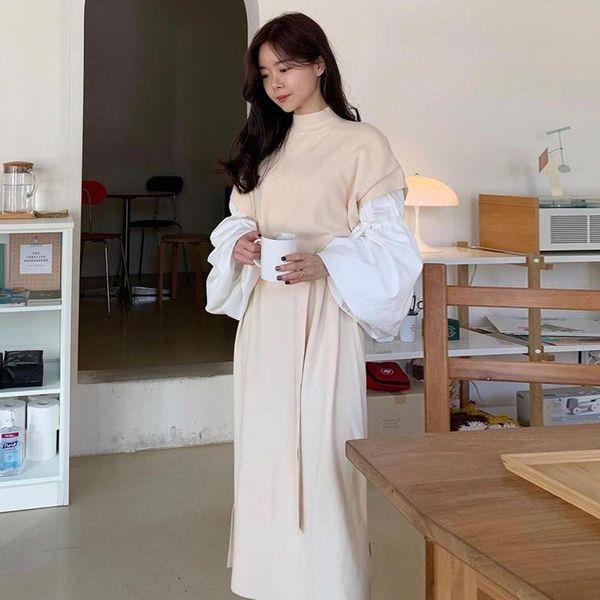 

casual dresses lantern long sleeve high waist woman dress chic hit color fake two piece knit robe autumn winter fashion elegant vestidos, Black;gray