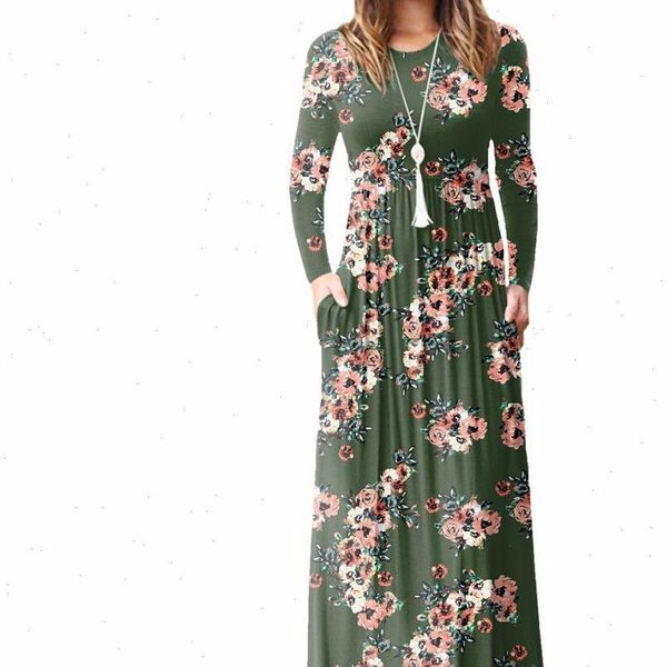 

xxl plus size long dress women 2020 autumn new printed maxi dress casual floor length sundress pockets party 7 colors pr083g, Black;gray