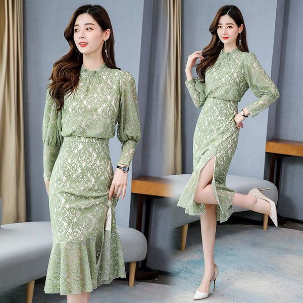 

casual dresses 2021 spring women lace elegant lady fashion korean style long sleeve split mermaid party dress, Black;gray