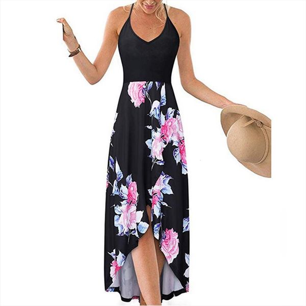 

40 vintage flora print women dress casual sleeveless open back v neck strap loose vestidos longos de verao, Black;gray