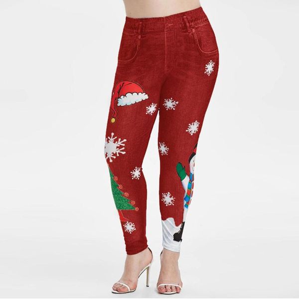 

plus size pants fashion christmas printing elasticity leggings christmasprinting casual red jeans for women, Black