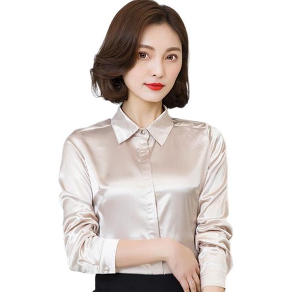 

men's casual shirts stinlicher satin silk shirt women spring autumn long sleeve elegant work wear korean fashion white blue black blou, White;black