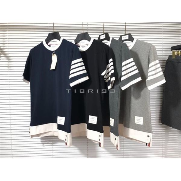 

tb tide brand yarn dyed four bar striped pure cotton summer color contrast short sleeve t-shirt leisure trend new men's and women', White;black