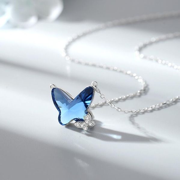 

925 sterling silver necklace butterfly pendant crystal clavicle chain