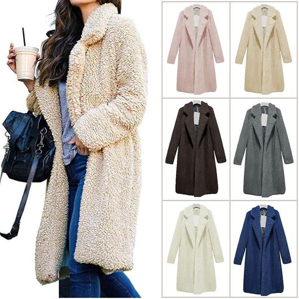 

women's wool & blends women autumn winter teddy fleeve fashion long coats warm causal sleeve female zip-up overcoats ladies, Black