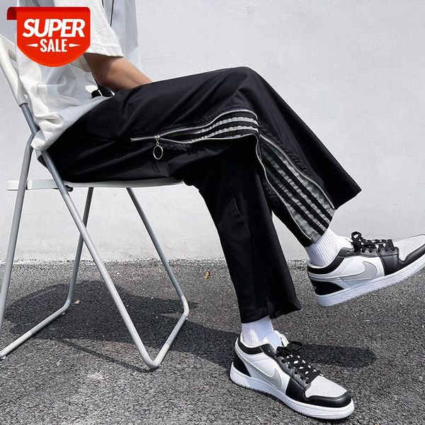 

yemi fashion | pants men's loose casual cropped trend handsome striped zipper sports #2z6k, Black