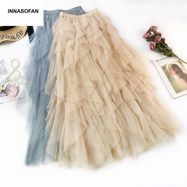 

skirts innasofan spring-summer skirt women's tulle high waists euro-american fashionable long irregular solid color, Black