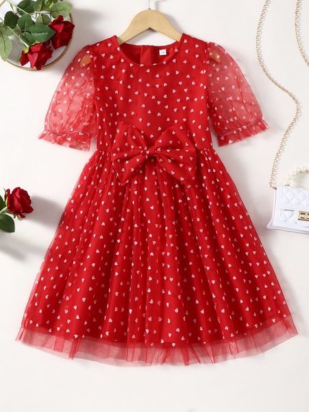 

girls puff sleeve bow front heart mesh dress she, Red;yellow