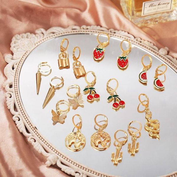 

hoop & huggie fashion butterfly earrings set for women geometirc gold metal enamel fruit punk snake earring brincos jewelry gift, Golden;silver