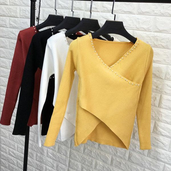 

women's sweaters 2021 fashion long sleeve knitted skinny bodysuit women winter autumn solid v-neck irregular beading casual body jumpsu, White;black
