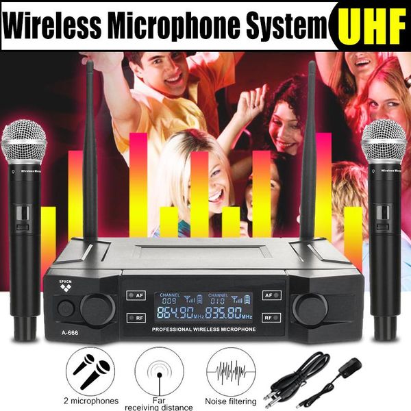 

microphones 2 channel uhf wireless microphone system cordless handheld mic kraoke speech party supplies cardioid professional