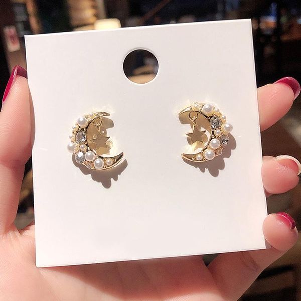 

stud 2 pcs/set women earrings fashion stars moon pearl crystal gold earring set exquisite wedding party jewelry accessories, Golden;silver