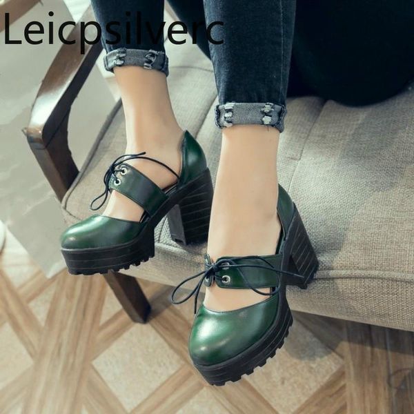 

dress shoes pumps spring and autumn the fashion round head shallow mouth lace-up thick heel high women's plus size 33-43, Black