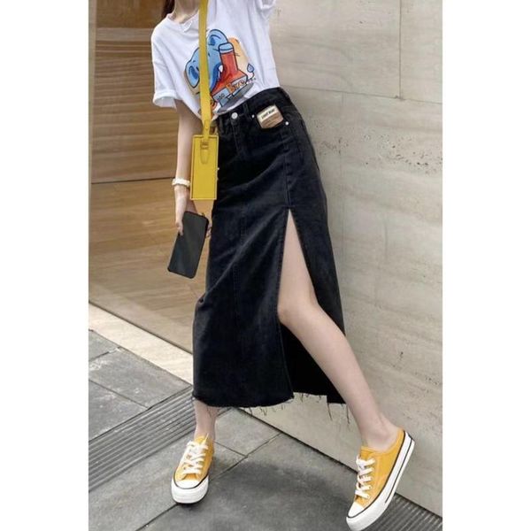 

skirts korean version of high waist split denim skirt girl 2021 spring summer bag hip thin a-line street mid-length, Black