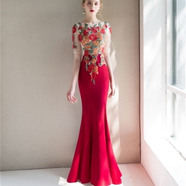 

new elegant 2021 illusion dark red mermaid lace evening long appliques embroidery prom party gown vestido de festa daj1, Black;red