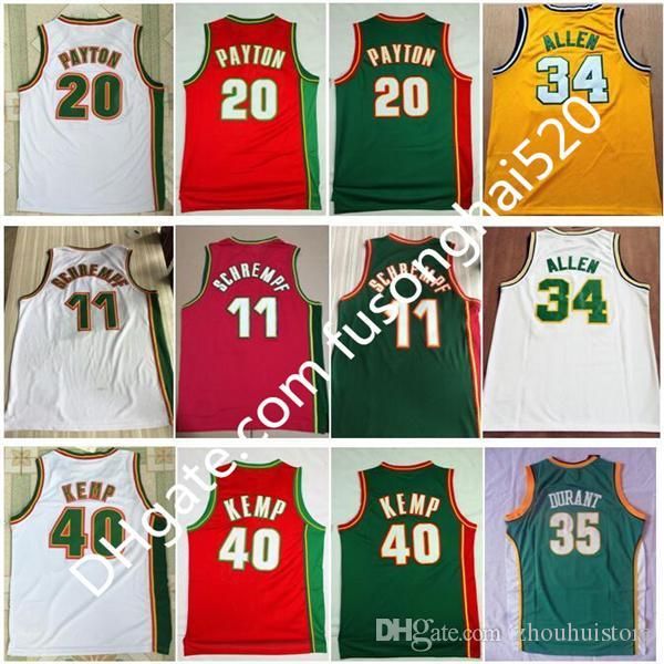 

1996 man sportswear gary 20 payton jersey vintage shawn 40 kemp kevin 35 durant yellow green sports shirts ray 34 allen jersey stitched, Black;red