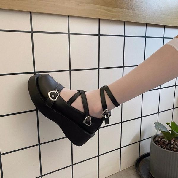 

dress shoes fashion women loli sweet lolita platform round head thick heel cross bandage kawaii cosplay mary jane shoe, Black