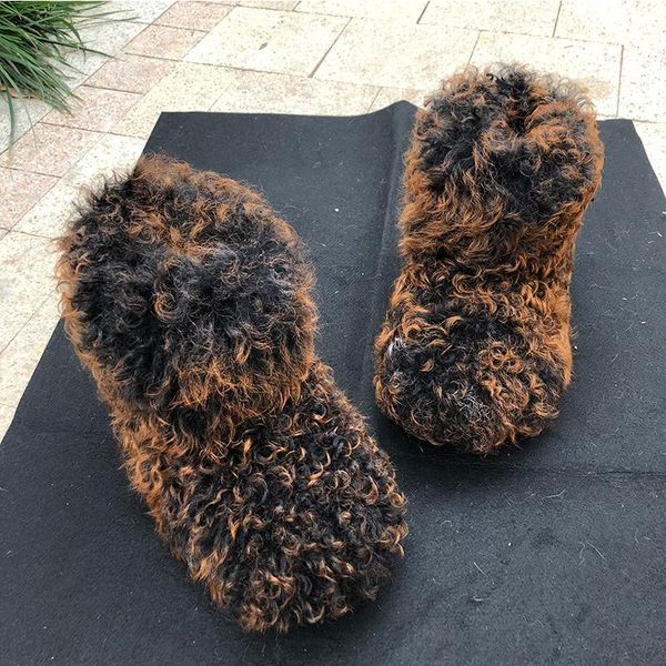 

boots womens round toe ankle real mongolian lamb fur furry hidden heel warm winter snow shoes custom made colors 2022, Black