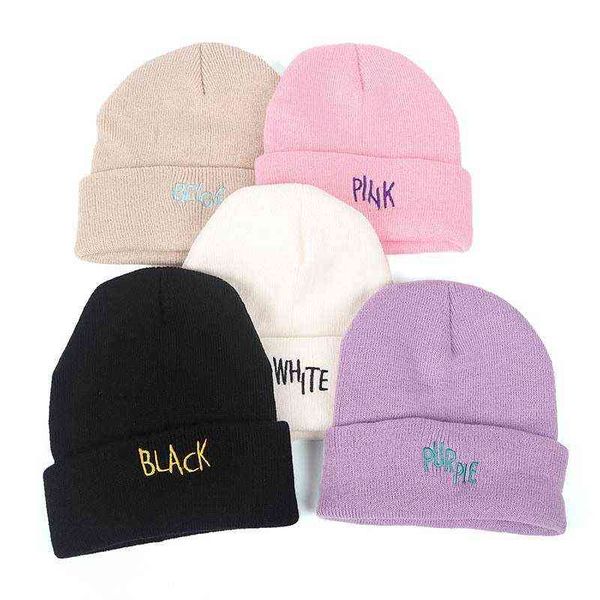 

color letters embroidery crimping keep warm winter beanie knitting hip hop solid color ski cap skull cap y21111, Blue;gray
