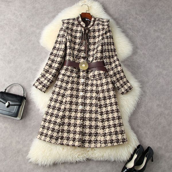 

2022 spring long sleeve stand collar black / khaki houndstooth tweed ribbon tie bow belted single-breasted dress elegant casual dresses 21d1, Black;gray