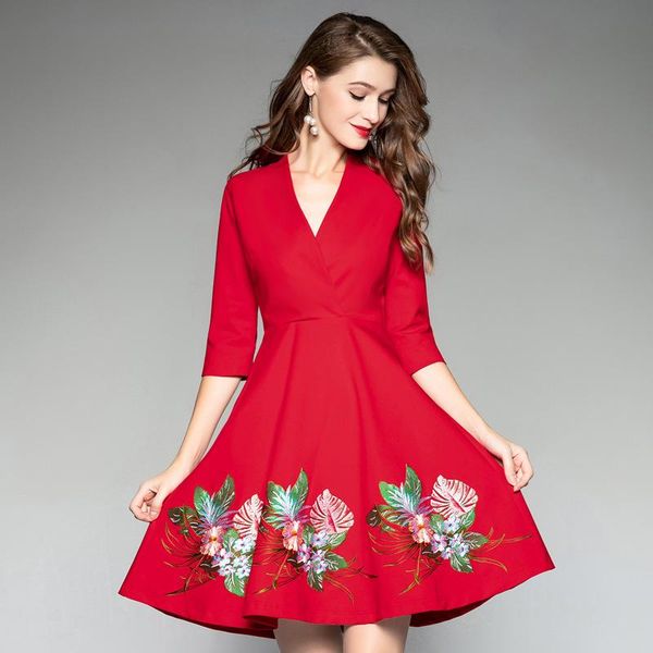 

casual dresses line flower dress a vintage office lady work autumn women winter ladies embroidery party xxl, Black;gray