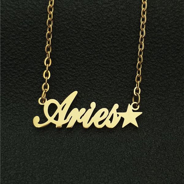 

pendant necklaces aries letter necklace script astrological zodiac sign choker women men vintage jewelry gold chain collares birthday gift, Silver