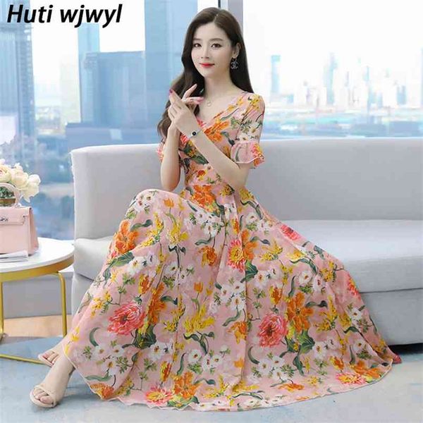 

summer pink print 4xl plus size vintage maxi dresses women elegant floral chiffon beach midi bodycon party vestidos 210528, Black;gray