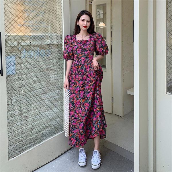 

vintage flower print puff sleeve women dresses elegant summer chic high waist square collar vestidos femme, Black;gray
