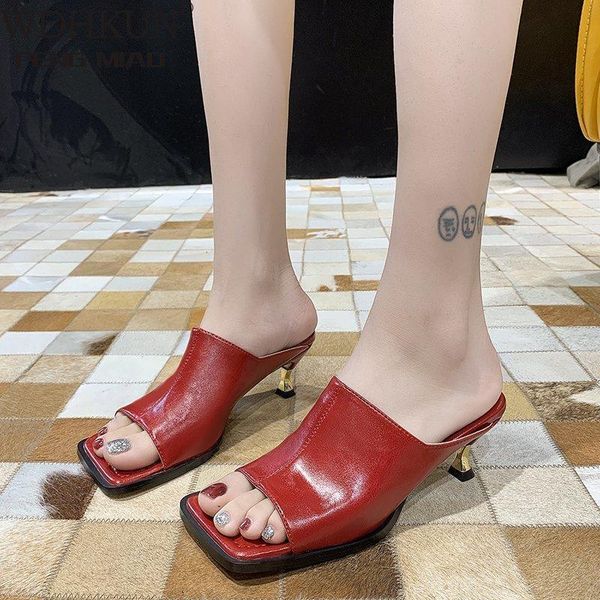 

slippers fashion brand women slipper square toe outdoor summer sandals ladies elegant high heel dress slides shoes, Black