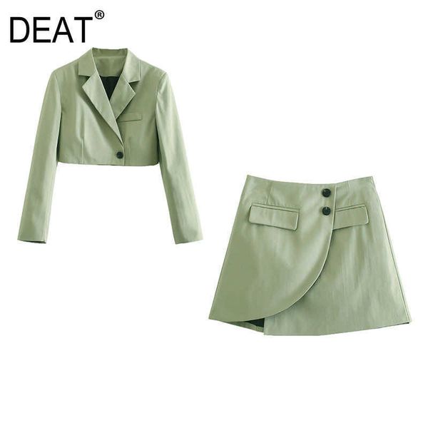 

[deat] spring summer fashion long sleeve single button green blazer mini a-line skirts women two-piece suit 13q226 210527, White