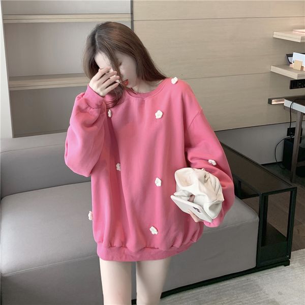 

2021 new autumn loose and thin three-dimensional small flower sweatshirt dropped shoulder sleeves round neck pullover simple hoodie women 3n, Black
