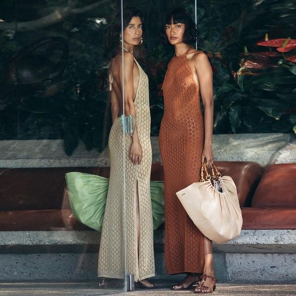 

casual dresses sleeveless halter backless maxi dress women knitted see through beachwear summer holiday long split, Black;gray