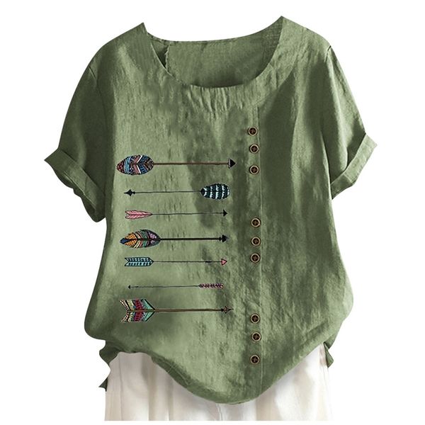 

cotton linen t shirt summer vintage women plus size tshirt short sleeve print buttons kawaii tee shirt 210315, White