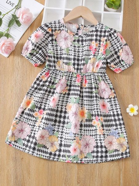 

toddler girls houndstooth & floral print puff sleeve dress she, Red;yellow