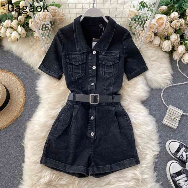 

denim rompers women summer solid streetwear sashes high waist playsuits fashion vintage chic wild jumpsuits 210531, Black;white