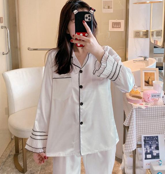 

lace pattern letters summer ice silk pajamas women long sleeve pajama sets luxury sleepwear silk velvet warm suit home clothes pijama, Black;red