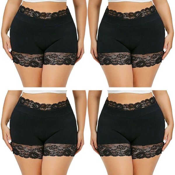 

women plus size high waist boxer shorts seamless scalloped floral lace splicing safety pants solid color elastic underpant -6xl, White;black