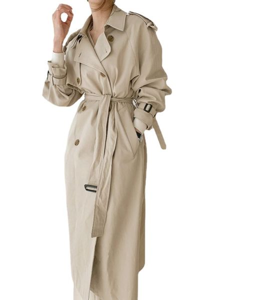 

women's trench coats 2021 fashion autumn winter casual double breasted simple classic long coat with belt chic female windbreaker, Tan;black
