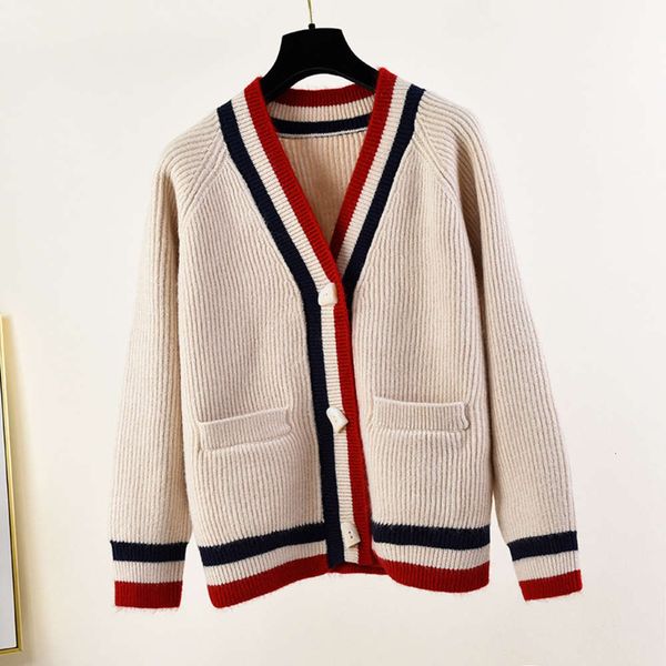 

knitted cardigan women's autumn winter 2020 color contrast stripe edge v-neck versatile drop shoulder sleeve sweater coat warm and thic, Black