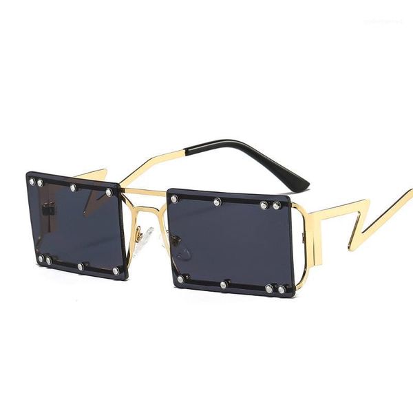 

unique small rimless rectangle sunglasses women rivet gold metal frame vintage black men sun glasses shades female uv400 oculos, White;black