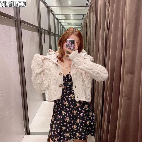 

yosibcd women 2021 fashion pompoms cropped knitted cardigan sweater vintage long sleeve button-up female outerwear chic tos, White