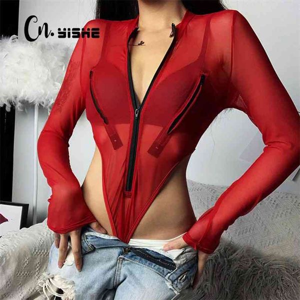 CNYISHE Sexy Club Bodysuit Tops Streetwear Rot Mesh Hohe Taille Bodysuit Strampler Weibliche Körper Grundlegende Sommer Outfits Badeanzug 210715