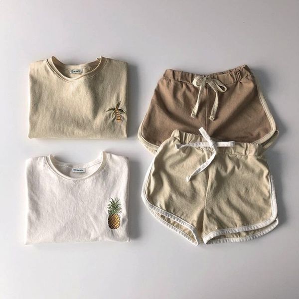 

clothing sets 2021 children set summer pineapple embroidery t shirt + shorts 2pcs baby short sleeve cotton kids outfits, White
