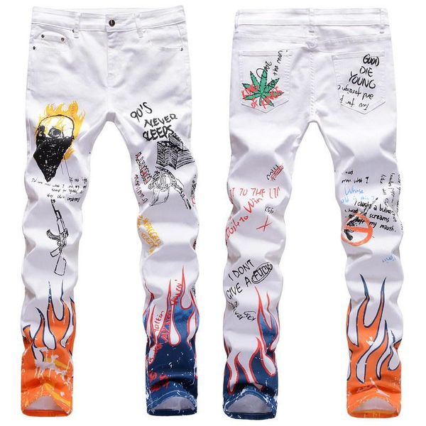 

men's jeans street hipster fashion mens stretch slim fit cowboys trousers personality digital print denim pants male casual straight, Blue