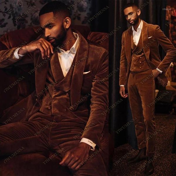 

men's suits & blazers casual brown velvet wedding tuxedos 3 pieces warm groom pants men party prom dress jacket business blazer traje h, White;black