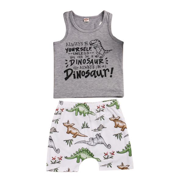 

0-4y infant baby boys causal clothes sets letter sleeveless grey vest +dino shorts 2pcs outfits, White