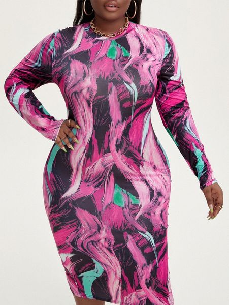 

plus mock neck allover print bodycon dress r9fv#, Black