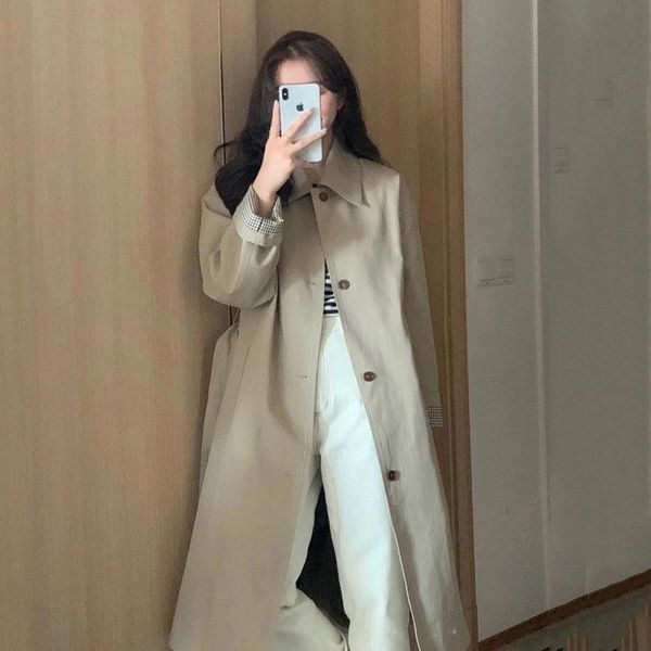 

women's trench coats [ewq] korean chic khaki medium long coat women lapel single breasted windbreaker with belt autumn winter 2021 16r6, Tan;black