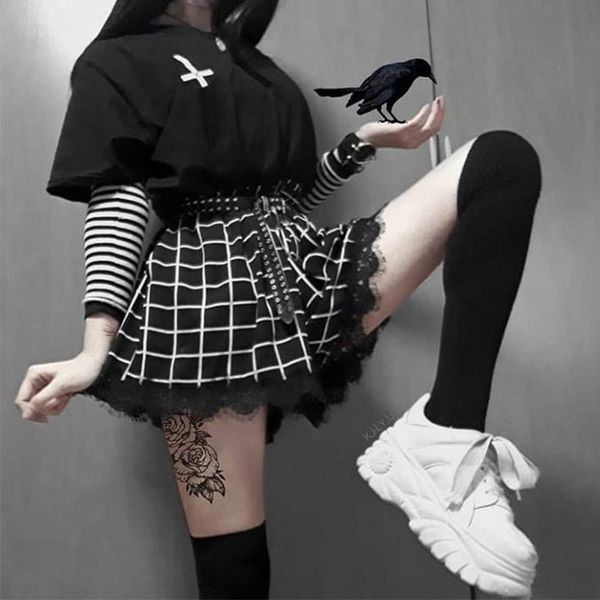 

new fashion gothic punk harajuku women mini shorts 2021 summer casual plaid pleated lace female fashion lace up vintage shorts, Black